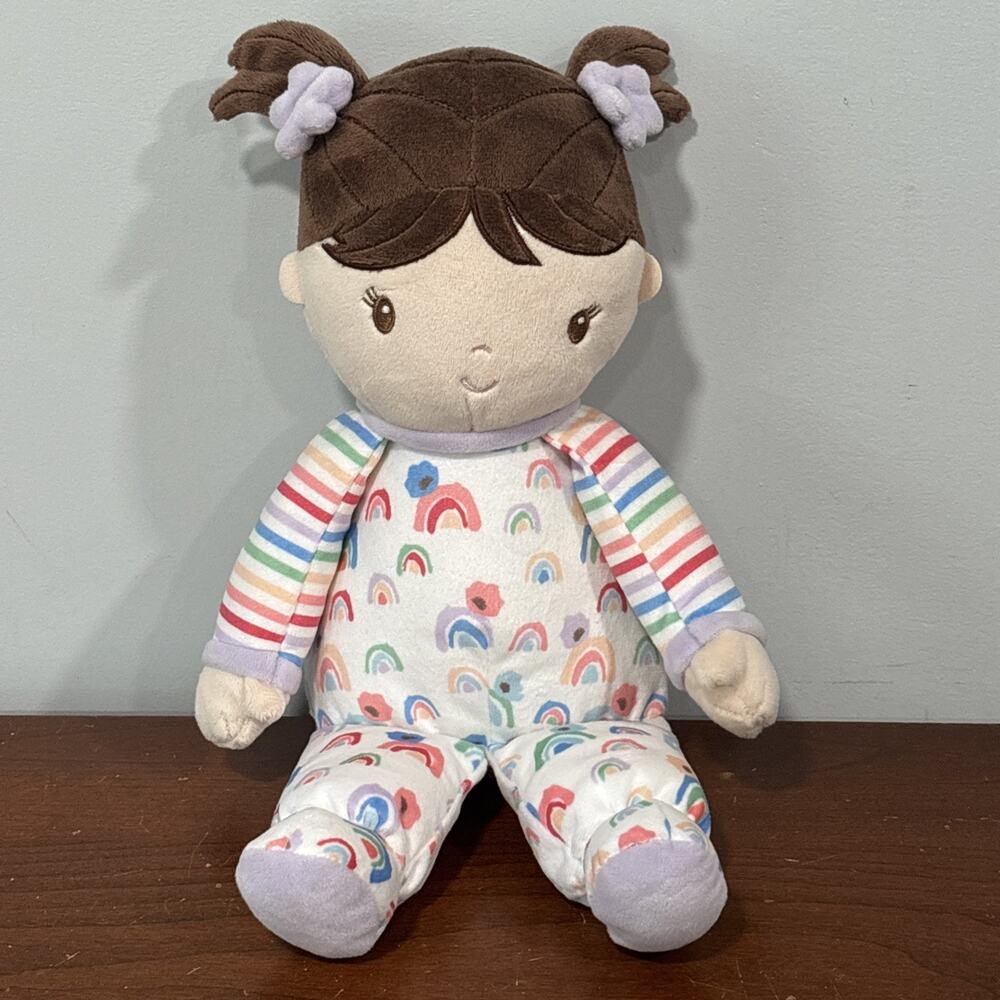 Douglas Baby Doll Plumpie Isabelle Brown Sewn Eyes Rainbow Stripes Plush #6530